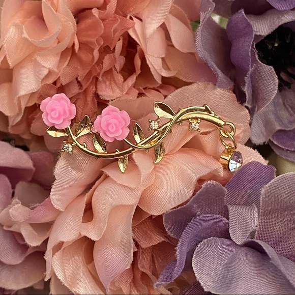 Pink Rose Delicate Leaves & Crystal Earring Cuffs - Picture 6 of 16